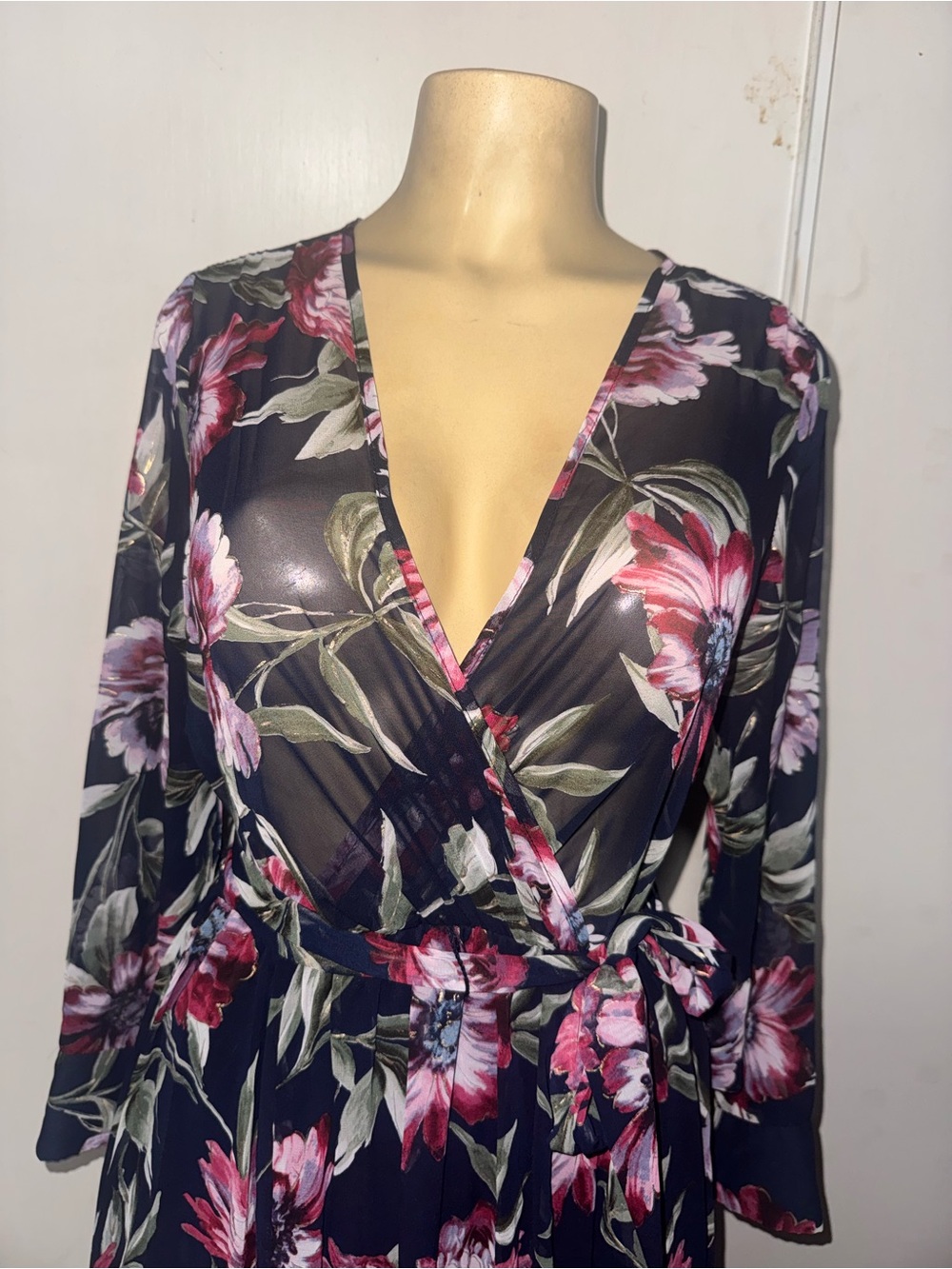 Black Floral Wrap Maxi Dress with Pink Blooms and Tie Waist - Picture 3 of 10